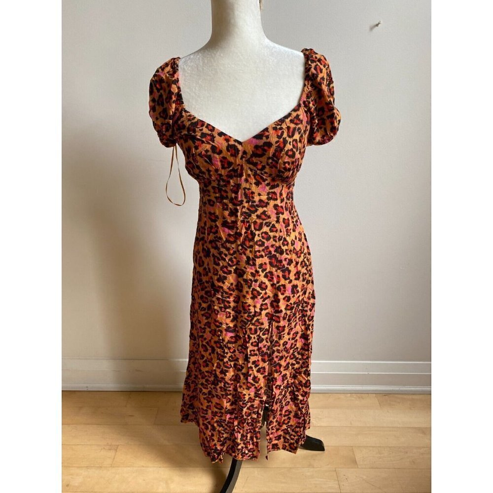 𝅺FRENCH Connection Womens "Amelia" Leopard Midi Dress Size 6 Front Slit - Picture 2 of 9